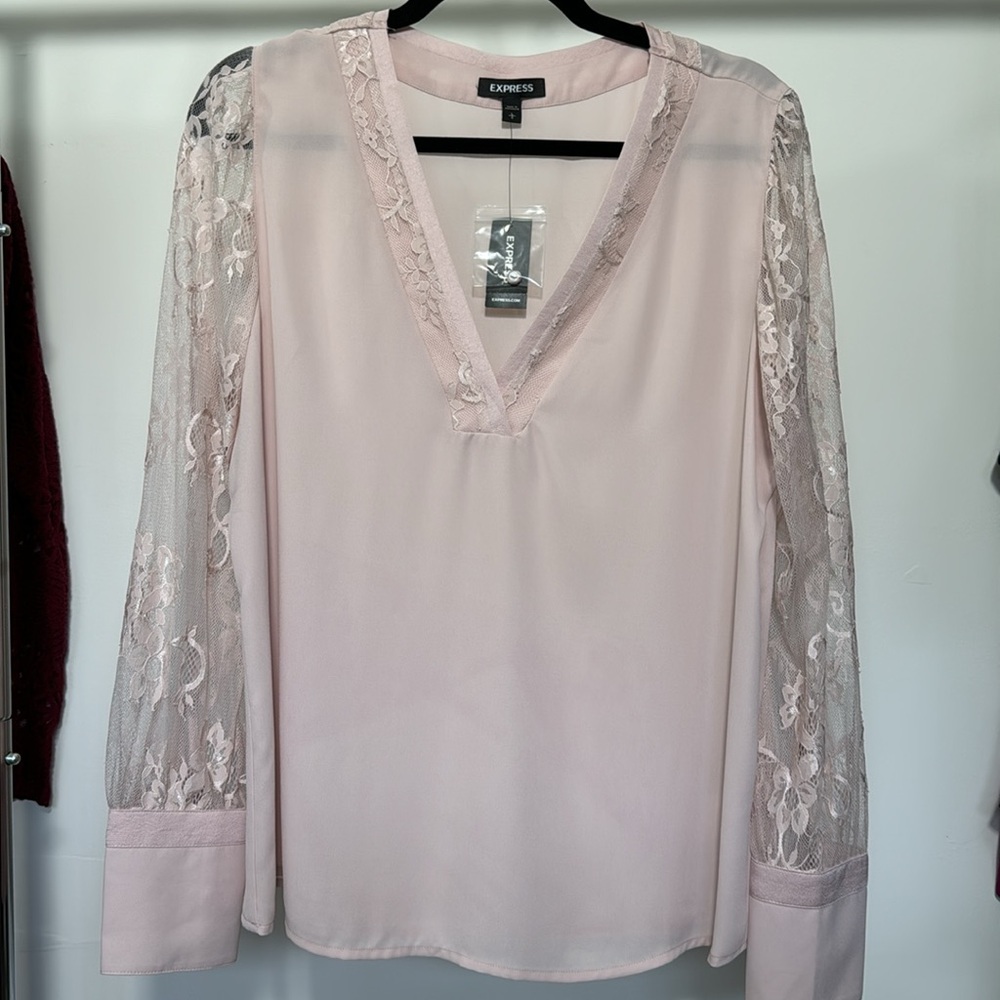 LARGE - EXPRESS Pink V-neck Lace Detail Blouse